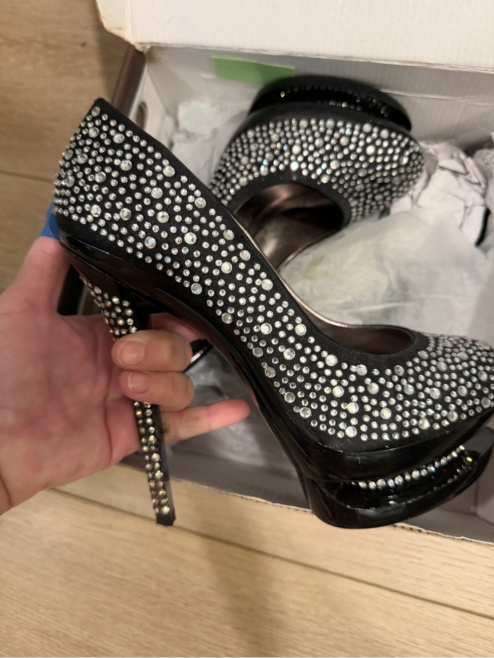 Source Unknown Black Crystal-Studded Platform Stiletto Heels